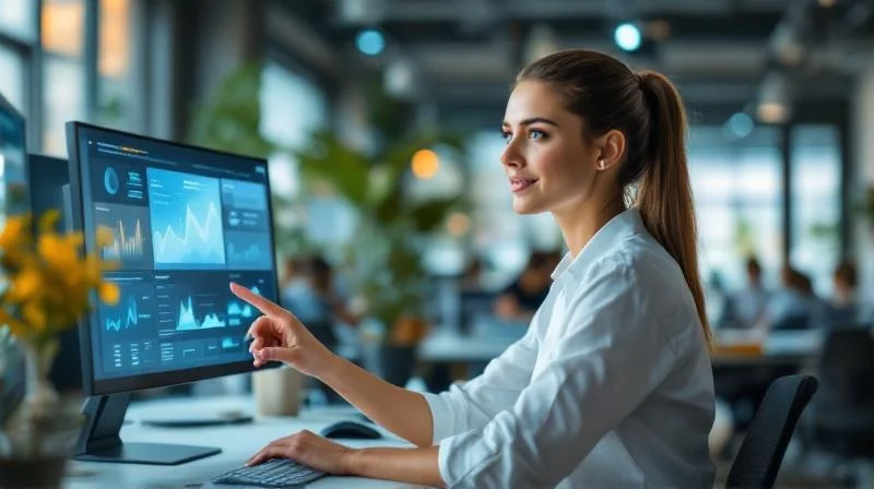 Frau arbeitet am Laptop in einem modernen Büro in Karlsruhe