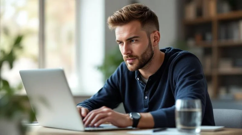 Mann arbeitet konzentriert am Laptop in einem modernen Büro in Karlsruhe